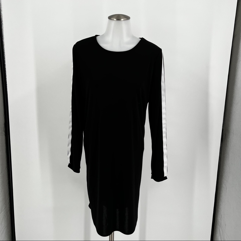 Mango black dress with white stripes on arms